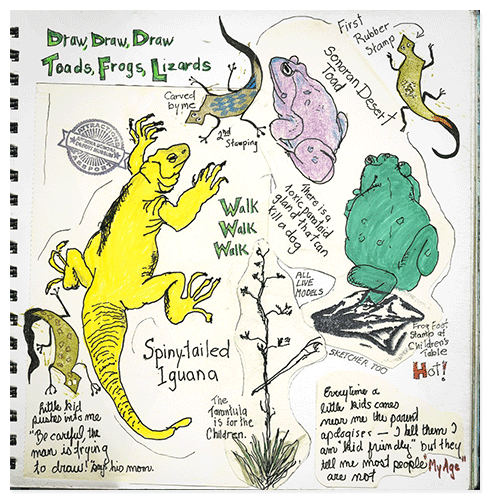 Standing and drawing reptiles and amphibians - Micron pen, watercolor, hand carved rubber stamp, 2 museum stamps, colored pencils.