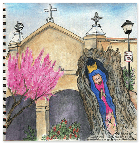 The Madonna of the Stump, a cultural touchstone, lurks in the yard of the San Felipe Church off the Plaza in downtown Albuquerque.