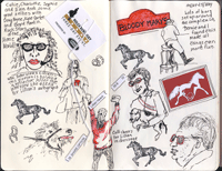 Page from my sketchbook - drawn while enjoying a Bloody Mary each day... Pen and ink, watercolor, collage and horse rubber stamp 