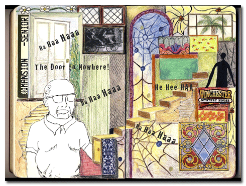Winchester House: Collage, colored pencil and pen and ink