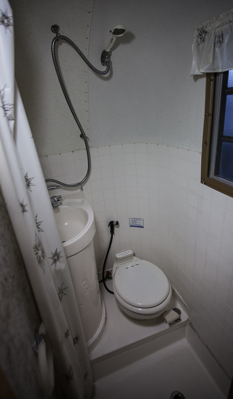 Small camper, small bathroom - toilet and sink are in the shower.