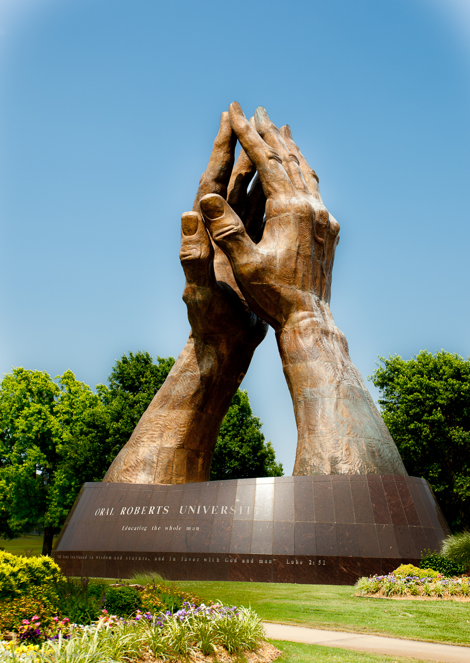 Modeled from Oral Roberts praying hands, this sculpture is 60 feet tall and over 30 tons of pure bronze. It is one of the largest pure bronze statues in the world. It is located at the entrance to Oral Roberts U.