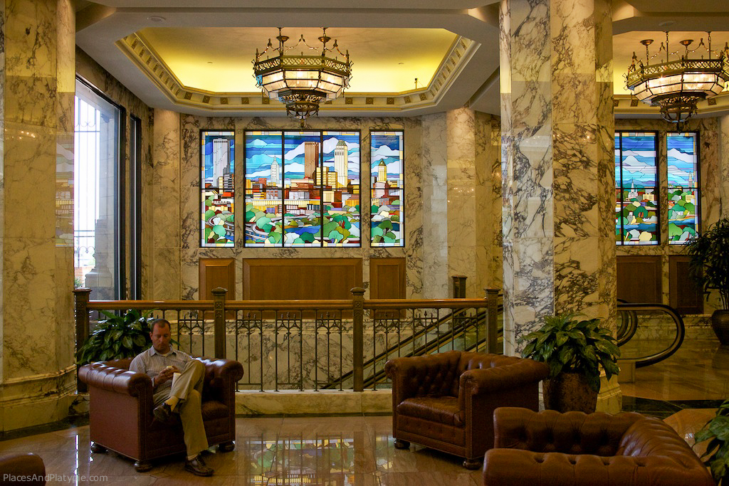 Main lobby of The Mid-Continent Tower with stained glass mural
