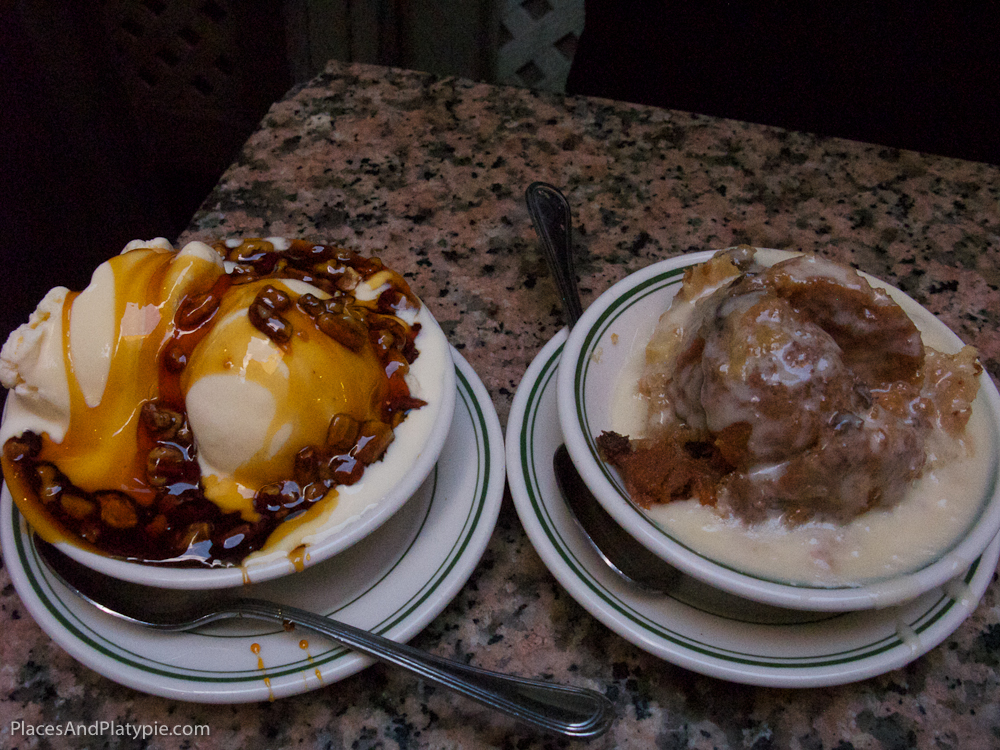 Gumbo Shop: Praline Sundae and Hot Bread Pudding with Whiskey Sauce.