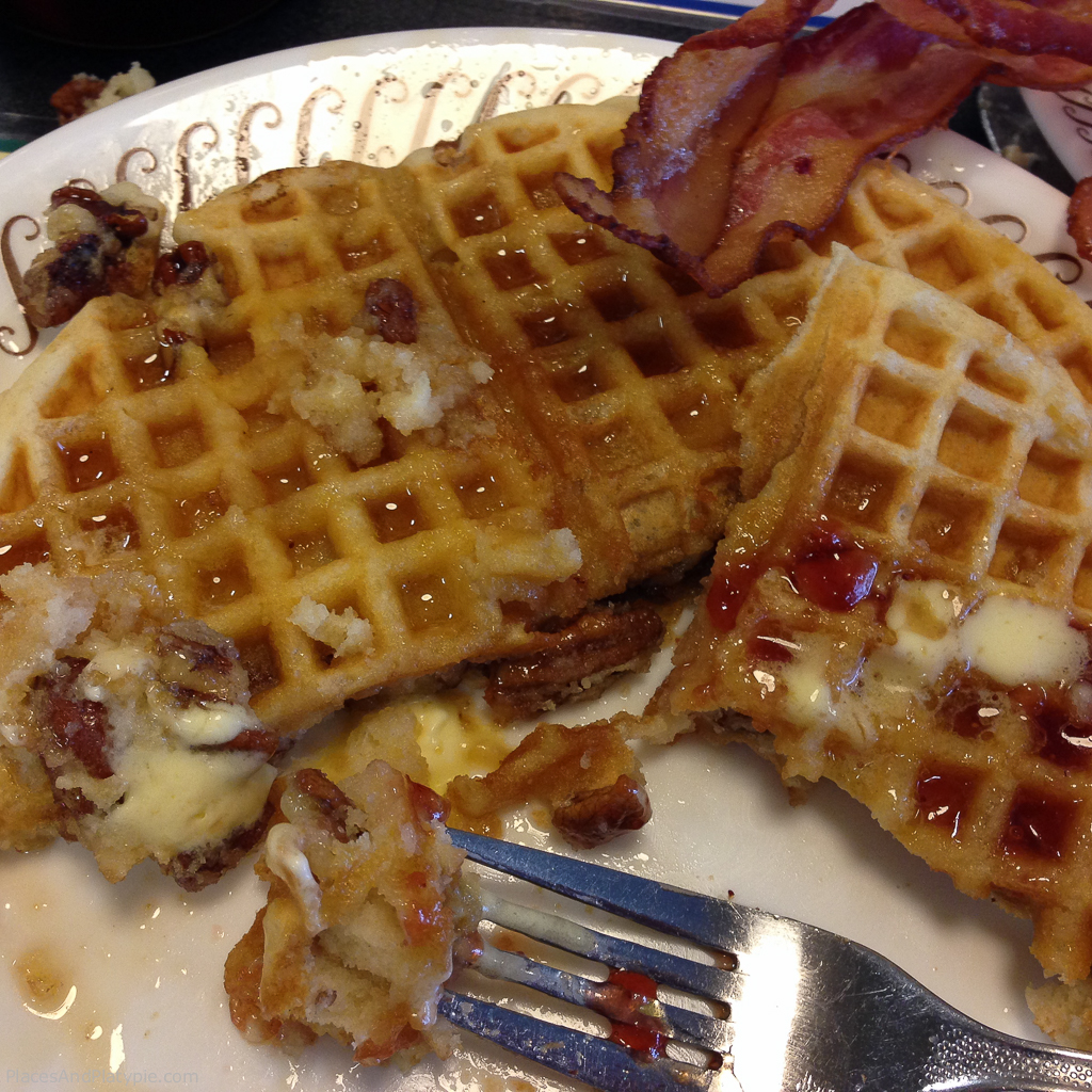 Third morning: Rain! It was Waffle House for breakfast. Pecan waffles with strawberry jam, loads of butter, syrup and bacon - YES!
