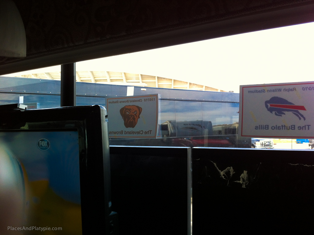 The view from the camper - we put up picture composites in the windows of each stadium we have tailgated so far.