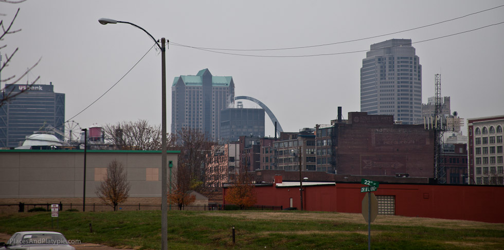 Gameday - we head out towards the St. Louis Arch in the skyline which is just the other side of the Stadium Dome from our downtown campground. The weather is foreboding….