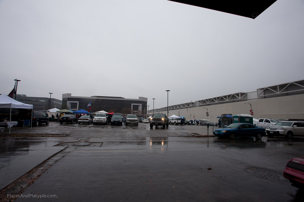 Covered loading dock gives shelter and an overview shot of the die-hard Rams tailgaters!