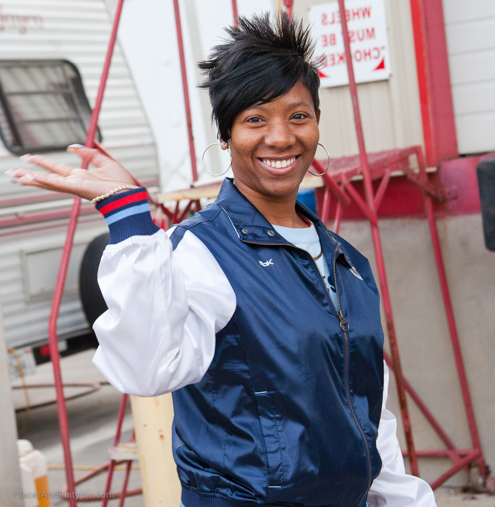 Pam strikes her spokesmodel pose.